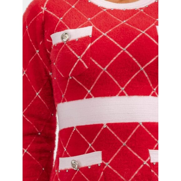 NWT Women’s Red Colorblock Studded Long Sleeve Bodycon Mini Dress Small - Picture 2 of 3